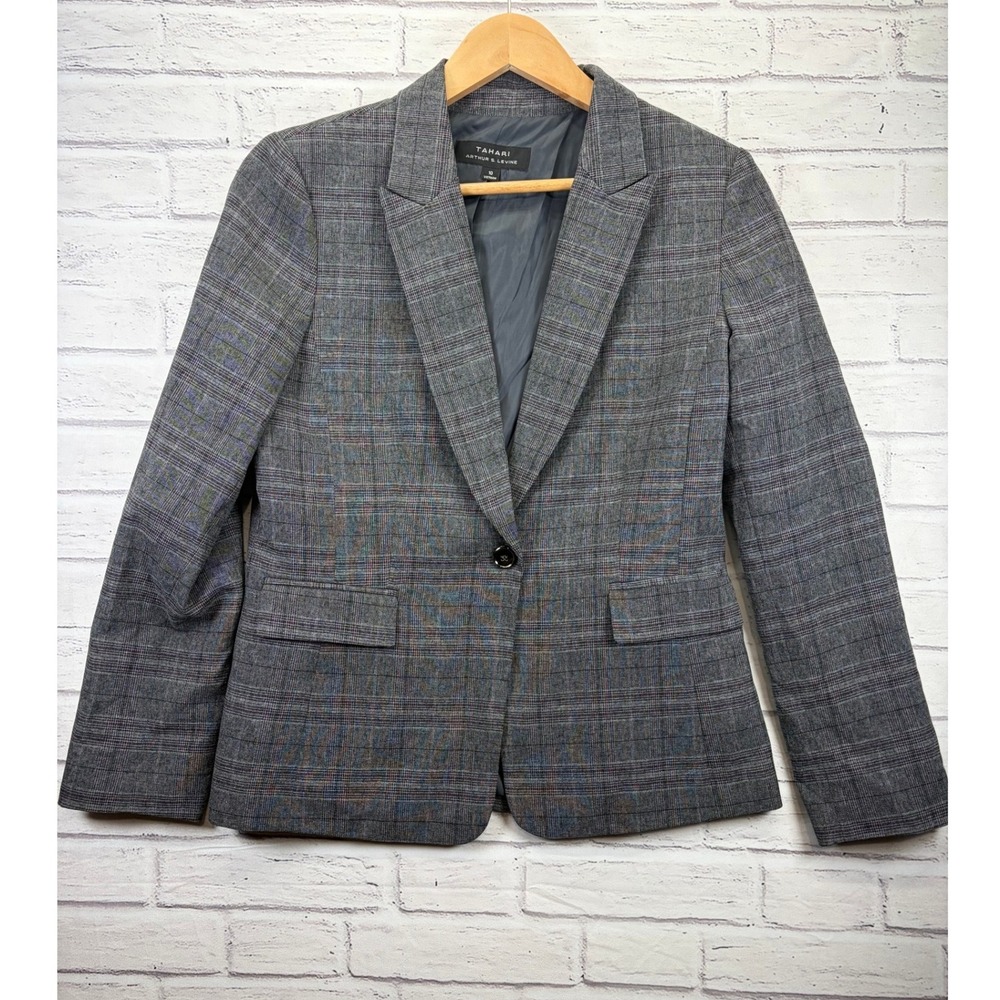 Tahari Arthur S Levine Grey Glen Plaid Single Button Blazer Jacket Women's 10
